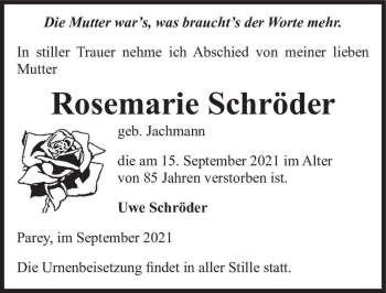 Traueranzeige von Rosemarie Schröder (geb. Jachmann)  von Magdeburger Volksstimme