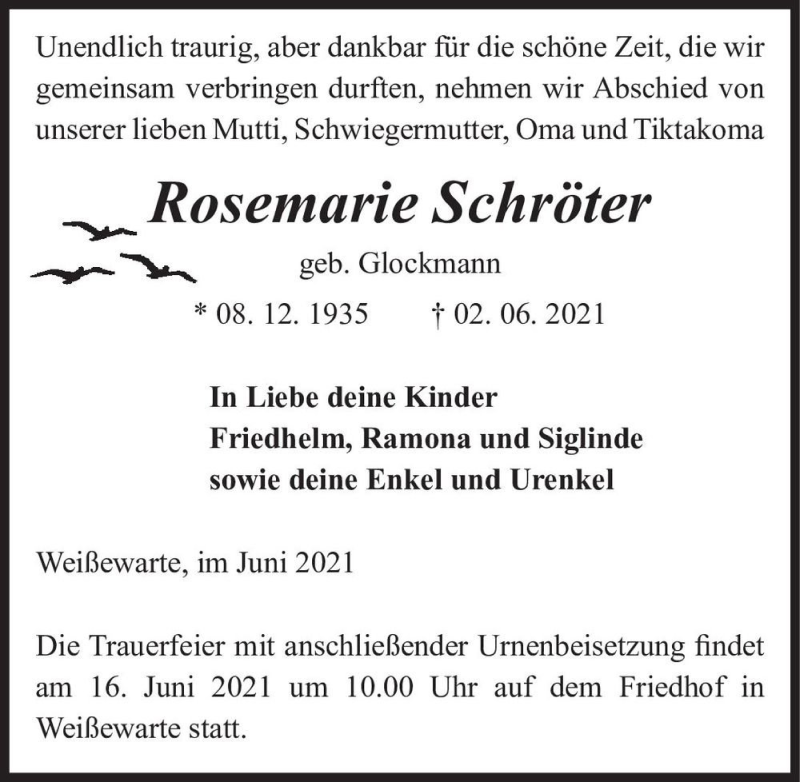  Traueranzeige für Rosemarie Schröter (geb. Glockmann)  vom 08.06.2021 aus Magdeburger Volksstimme
