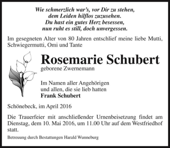 Traueranzeige von Rosemarie Schubert (geb. Zwernemann)  von Magdeburger Volksstimme