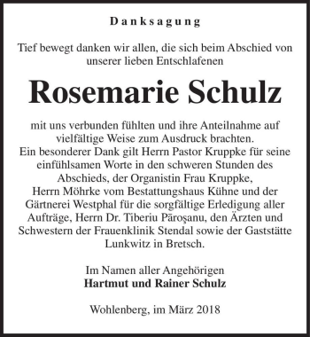 Traueranzeige von Rosemarie Schulz  von Magdeburger Volksstimme