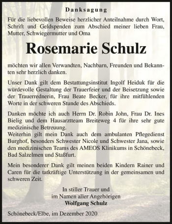 Traueranzeige von Rosemarie Schulz  von Magdeburger Volksstimme