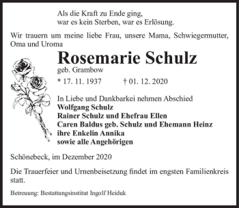 Traueranzeige von Rosemarie Schulz (geb. Grambow)  von Magdeburger Volksstimme