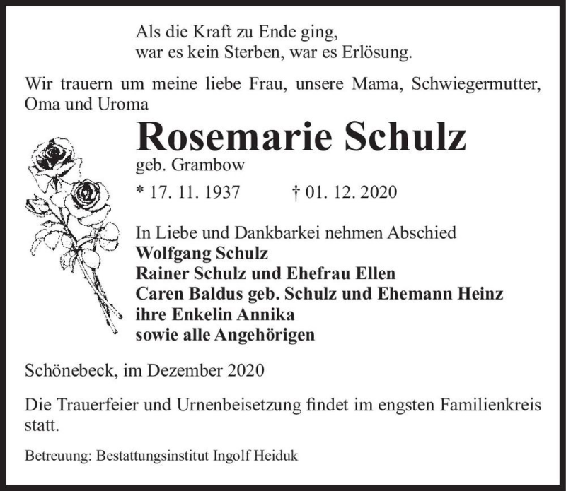  Traueranzeige für Rosemarie Schulz (geb. Grambow)  vom 05.12.2020 aus Magdeburger Volksstimme