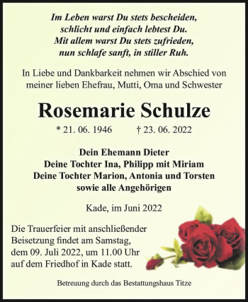 Traueranzeige von Rosemarie Schulze  von Magdeburger Volksstimme
