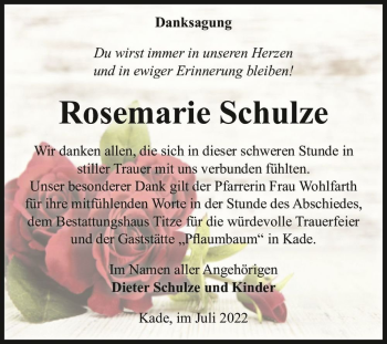 Traueranzeige von Rosemarie Schulze  von Magdeburger Volksstimme