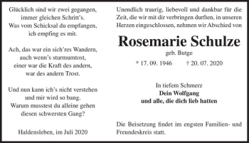 Traueranzeige von Rosemarie Schulze (geb. Butge)  von Magdeburger Volksstimme