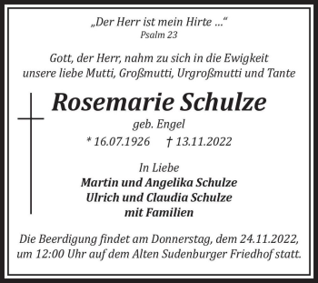 Traueranzeige von Rosemarie Schulze (geb. Engel)  von Magdeburger Volksstimme
