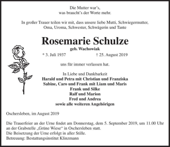 Traueranzeige von Rosemarie Schulze (geb. Wachowiak)  von Magdeburger Volksstimme
