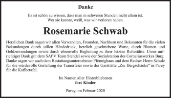Traueranzeige von Rosemarie Schwab  von Magdeburger Volksstimme
