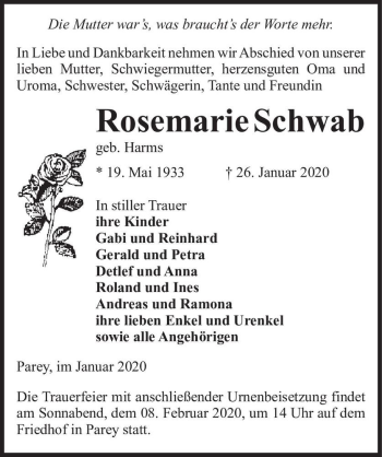 Traueranzeige von Rosemarie Schwab (geb. Harms)  von Magdeburger Volksstimme