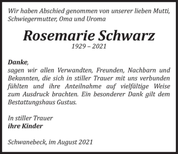 Traueranzeige von Rosemarie Schwarz  von Magdeburger Volksstimme