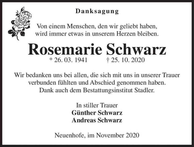  Traueranzeige für Rosemarie Schwarz  vom 28.11.2020 aus Magdeburger Volksstimme