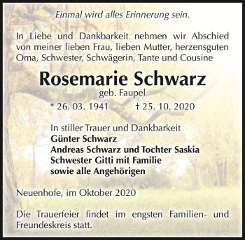 Traueranzeige von Rosemarie Schwarz (geb. Faupel)  von Magdeburger Volksstimme