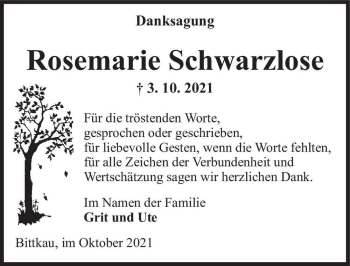 Traueranzeige von Rosemarie Schwarzlose  von Magdeburger Volksstimme