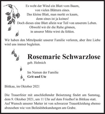 Traueranzeige von Rosemarie Schwarzlose (geb. Helmich)  von Magdeburger Volksstimme