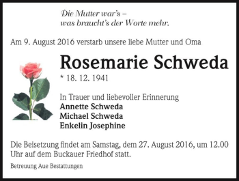 Traueranzeige von Rosemarie Schweda  von Magdeburger Volksstimme