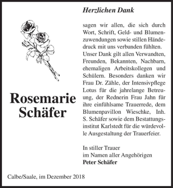 Traueranzeige von Rosemarie Schäfer  von Magdeburger Volksstimme