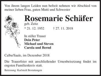 Traueranzeige von Rosemarie Schäfer (geb. Zeitz)  von Magdeburger Volksstimme