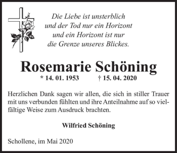 Traueranzeige von Rosemarie Schöning  von Magdeburger Volksstimme