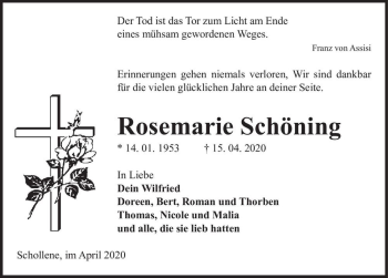 Traueranzeige von Rosemarie Schöning  von Magdeburger Volksstimme