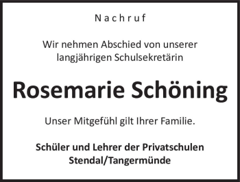 Traueranzeige von Rosemarie Schöning  von Magdeburger Volksstimme