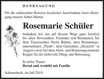 Traueranzeige von Rosemarie Schüler  von Magdeburger Volksstimme
