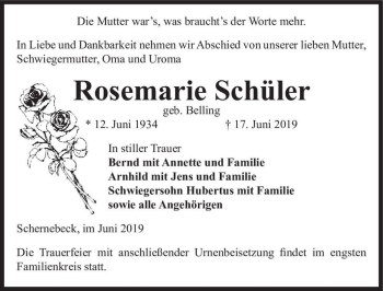 Traueranzeige von Rosemarie Schüler (geb. Belling)  von Magdeburger Volksstimme