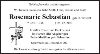Traueranzeige von Rosemarie Sebastian (geb. Kreinfeldt)  von Magdeburger Volksstimme