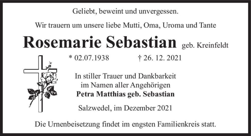  Traueranzeige für Rosemarie Sebastian (geb. Kreinfeldt)  vom 30.12.2021 aus Magdeburger Volksstimme
