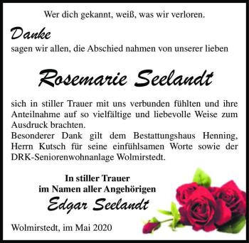 Traueranzeige von Rosemarie Seelandt  von Magdeburger Volksstimme
