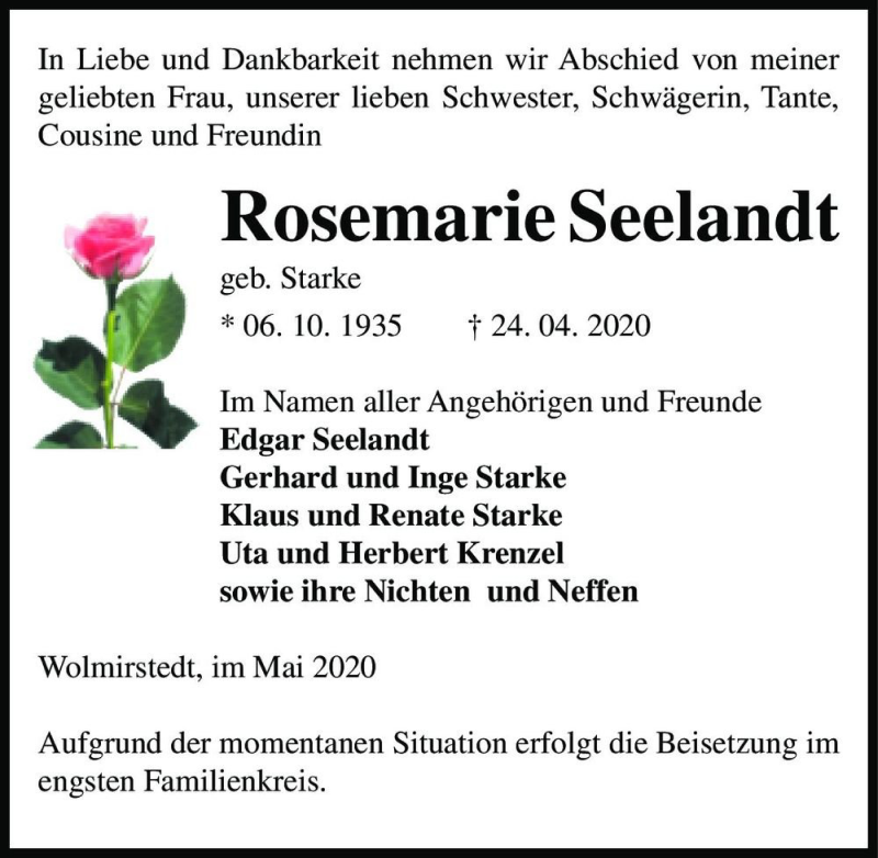  Traueranzeige für Rosemarie Seelandt (geb. Starke)  vom 02.05.2020 aus Magdeburger Volksstimme