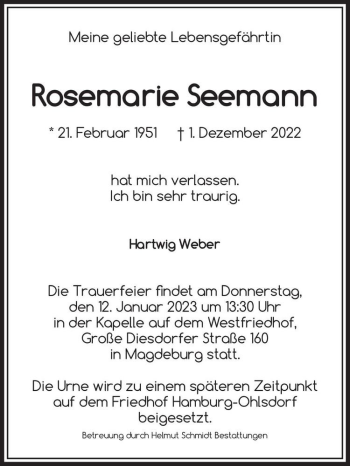 Traueranzeige von Rosemarie Seemann  von Magdeburger Volksstimme