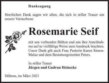 Traueranzeige von Rosemarie Seif  von Magdeburger Volksstimme