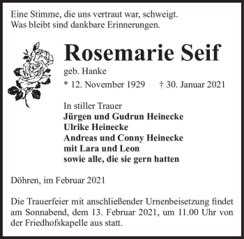 Traueranzeige von Rosemarie Seif (geb. Hanke)  von Magdeburger Volksstimme