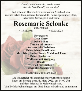 Traueranzeige von Rosemarie Selonke (geb. Probian)  von Magdeburger Volksstimme