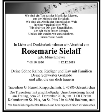 Traueranzeige von Rosemarie Sielaff (geb. Münchmeyer)  von Magdeburger Volksstimme