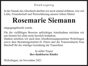 Traueranzeige von Rosemarie Siemann  von Magdeburger Volksstimme