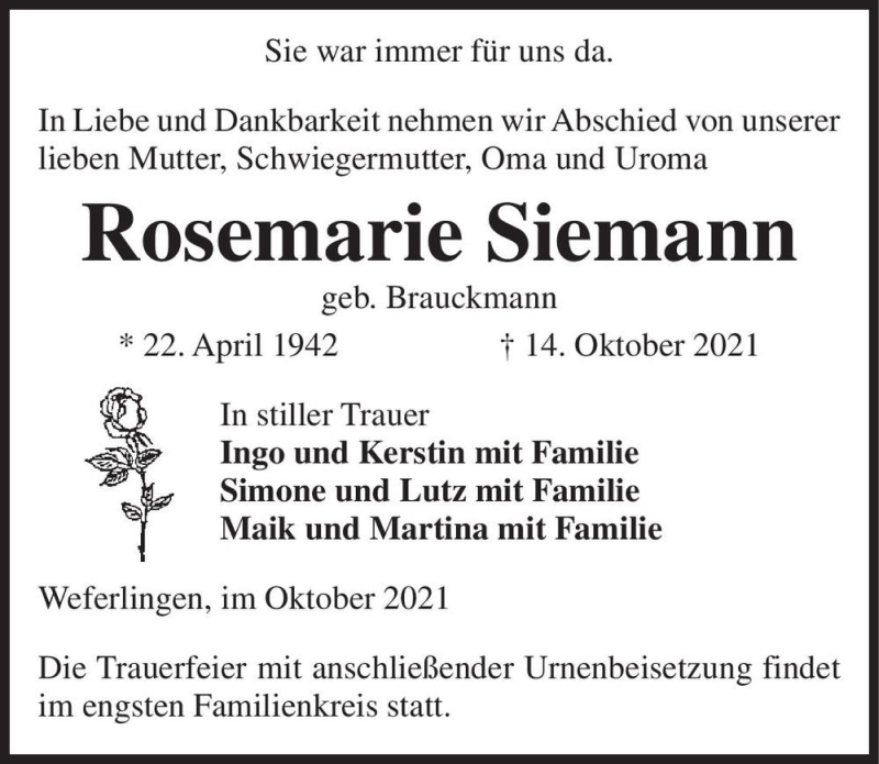  Traueranzeige für Rosemarie Siemann (geb. Brauckmann)  vom 19.10.2021 aus Magdeburger Volksstimme