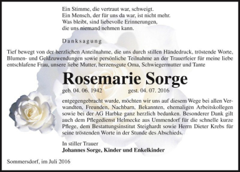 Traueranzeige von Rosemarie Sorge  von Magdeburger Volksstimme