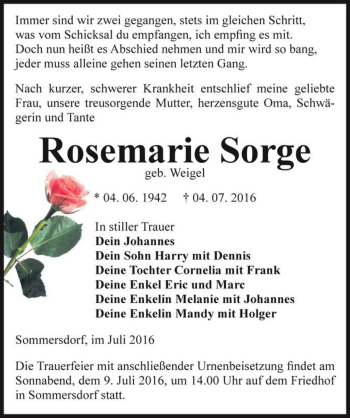 Traueranzeige von Rosemarie Sorge (geb. Weigel)  von Magdeburger Volksstimme
