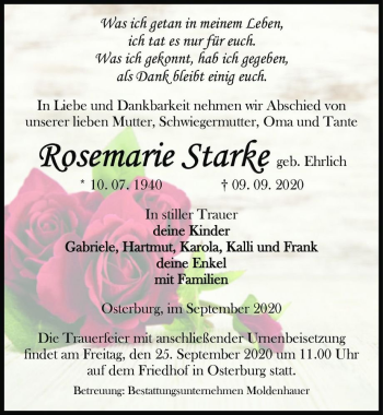 Traueranzeige von Rosemarie Starke (geb. Ehrlich)  von Magdeburger Volksstimme