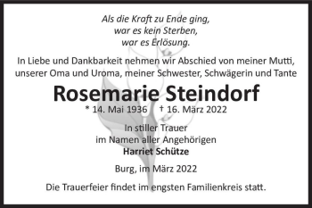 Traueranzeige von Rosemarie Steindorf  von Magdeburger Volksstimme