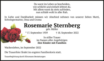 Traueranzeige von Rosemarie Sternberg (geb. Müller)  von Magdeburger Volksstimme