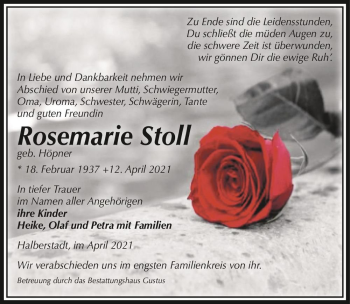 Traueranzeige von Rosemarie Stoll (geb. Höpner)  von Magdeburger Volksstimme