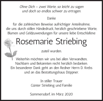 Traueranzeige von Rosemarie Striebing  von Magdeburger Volksstimme