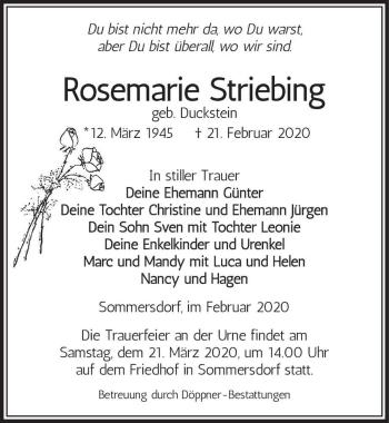 Traueranzeige von Rosemarie Striebing (geb. Duckstein)  von Magdeburger Volksstimme