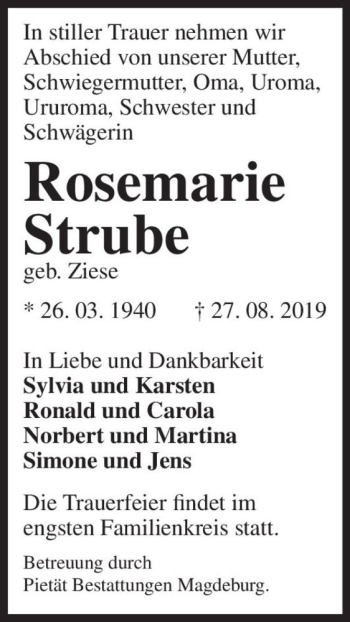 Traueranzeige von Rosemarie Strube (geb. Ziese)  von Magdeburger Volksstimme