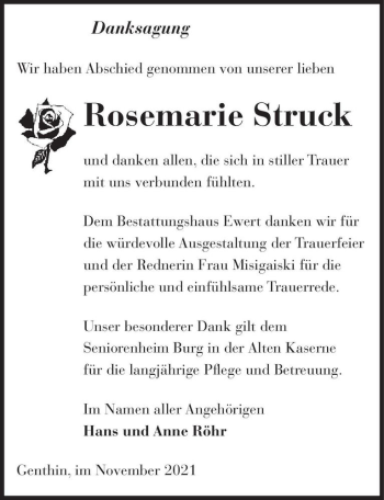 Traueranzeige von Rosemarie Struck  von Magdeburger Volksstimme