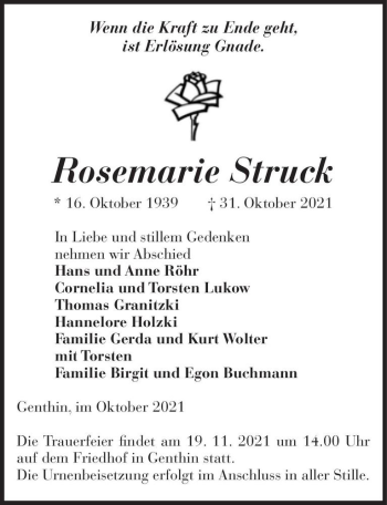 Traueranzeige von Rosemarie Struck  von Magdeburger Volksstimme