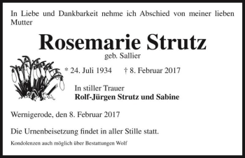 Traueranzeige von Rosemarie Strutz (geb. Sallier)  von Magdeburger Volksstimme